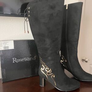 RoseWand Black Knee High Boots w/ Gold Trim & Studded Details Size 11M